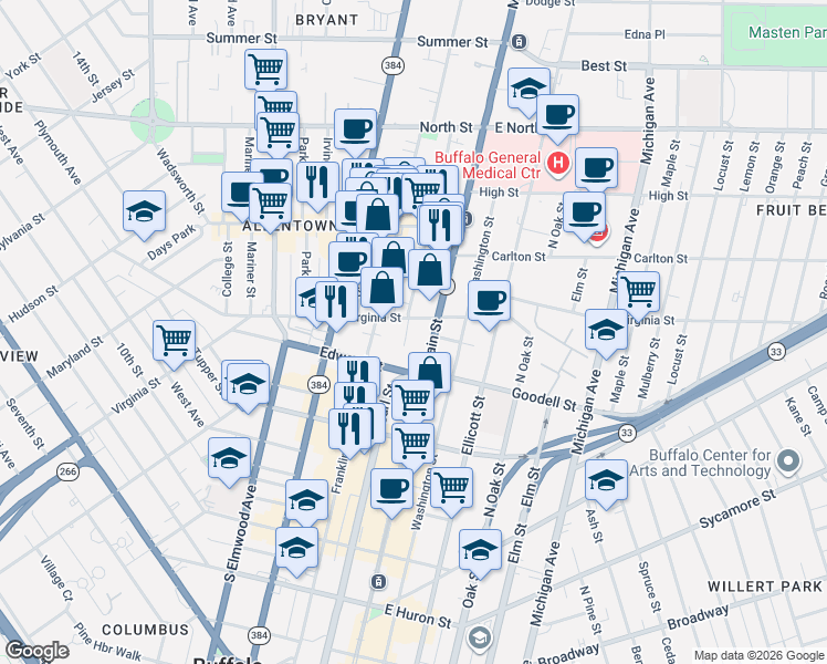 map of restaurants, bars, coffee shops, grocery stores, and more near 5 North Pearl Street in Buffalo