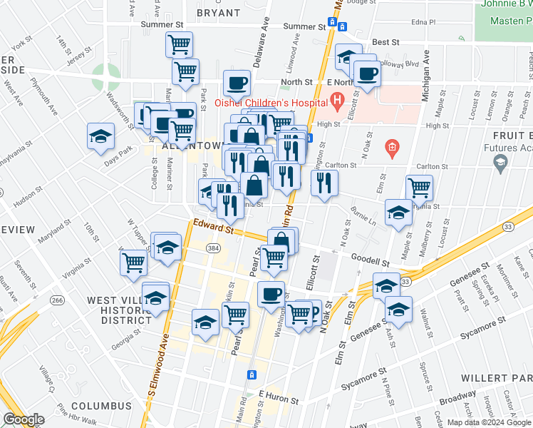map of restaurants, bars, coffee shops, grocery stores, and more near 5 North Pearl Street in Buffalo