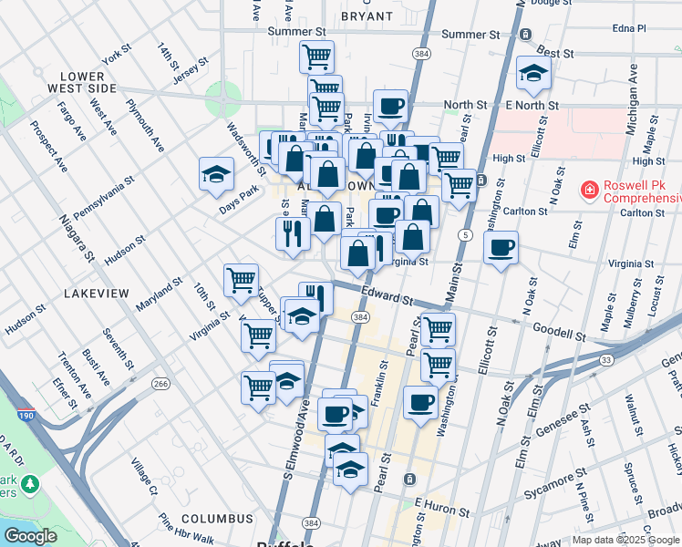 map of restaurants, bars, coffee shops, grocery stores, and more near 422 Virginia Street in Buffalo