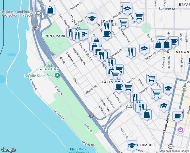 map of restaurants, bars, coffee shops, grocery stores, and more near 443 Busti Avenue in Buffalo