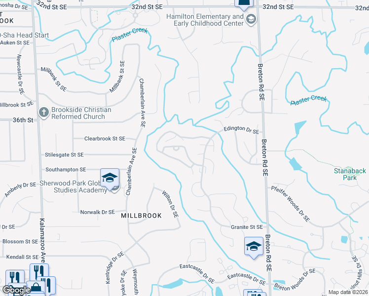 map of restaurants, bars, coffee shops, grocery stores, and more near 2107 North Cross Creek Drive Southeast in Grand Rapids