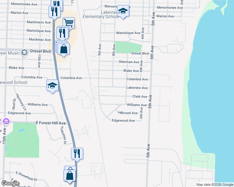 map of restaurants, bars, coffee shops, grocery stores, and more near 715 Lakeview Avenue in South Milwaukee
