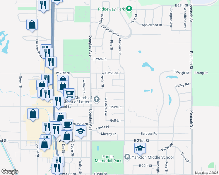 map of restaurants, bars, coffee shops, grocery stores, and more near 2403 Western Avenue in Yankton
