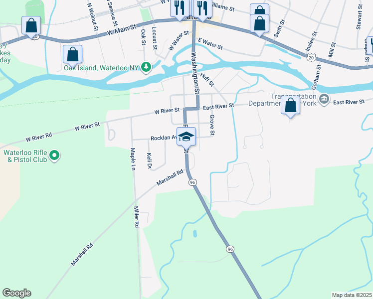 map of restaurants, bars, coffee shops, grocery stores, and more near 65 Fayette Street in Seneca Falls