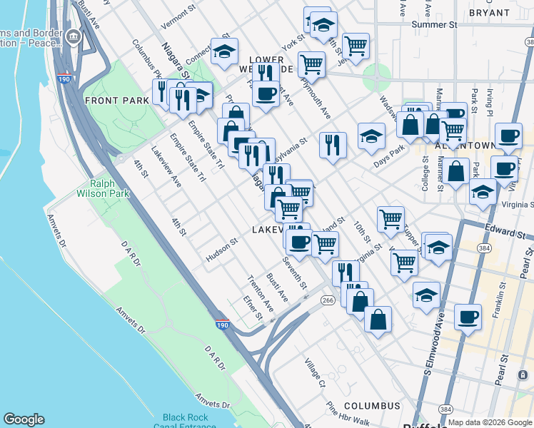 map of restaurants, bars, coffee shops, grocery stores, and more near 471 Niagara Street in Buffalo