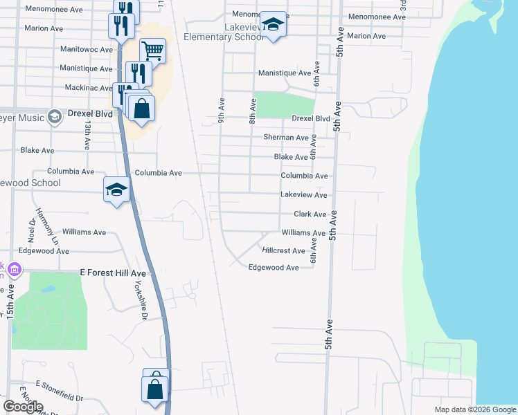 map of restaurants, bars, coffee shops, grocery stores, and more near 715 Lakeview Avenue in South Milwaukee