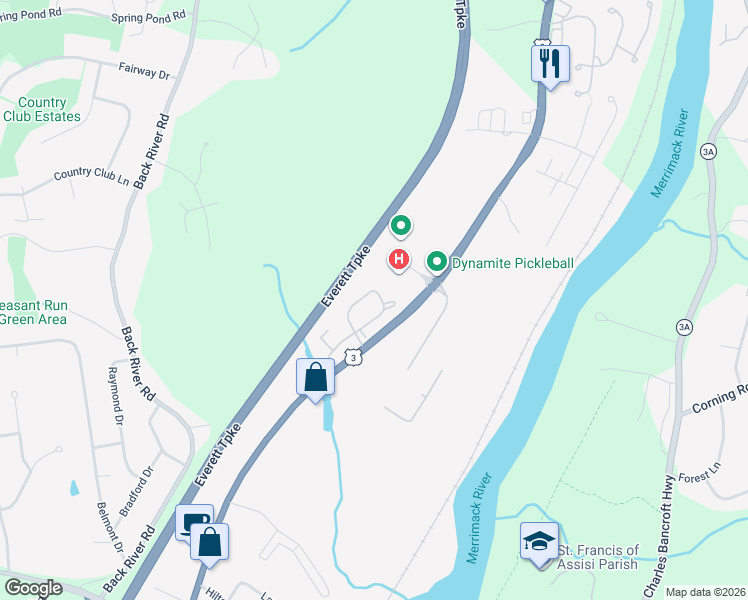 map of restaurants, bars, coffee shops, grocery stores, and more near 65 Shelburne Road in Merrimack