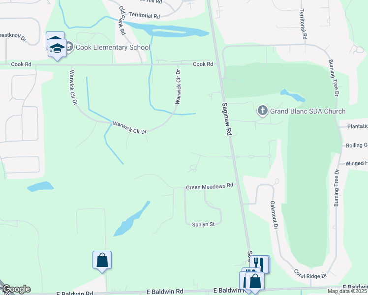 map of restaurants, bars, coffee shops, grocery stores, and more near 5149 Warwick Woods Trail in Grand Blanc