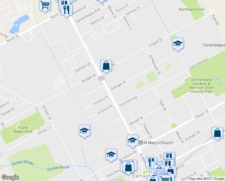 map of restaurants, bars, coffee shops, grocery stores, and more near 261 North Main Street in Canandaigua