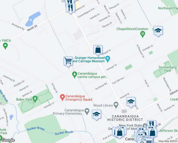 map of restaurants, bars, coffee shops, grocery stores, and more near 44 Perry Place in Canandaigua