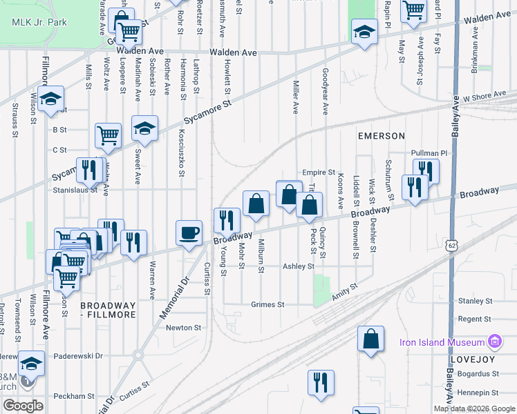 map of restaurants, bars, coffee shops, grocery stores, and more near 62 Schlenker Street in Buffalo