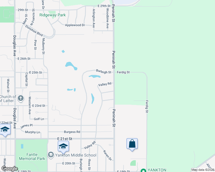 map of restaurants, bars, coffee shops, grocery stores, and more near 2503 Valley Road in Yankton