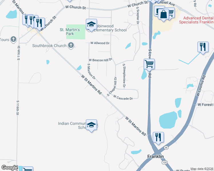 map of restaurants, bars, coffee shops, grocery stores, and more near 10539 Beacon Hill Court East in Franklin