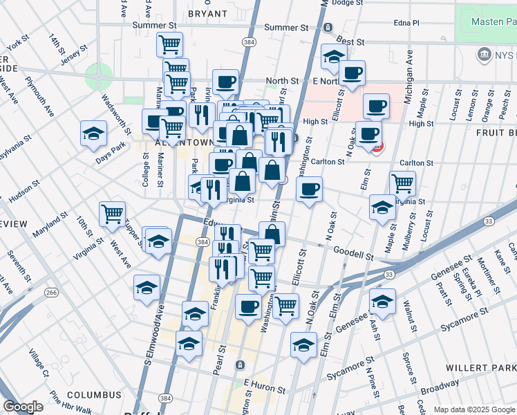 map of restaurants, bars, coffee shops, grocery stores, and more near 20 St Louis Pl in Buffalo
