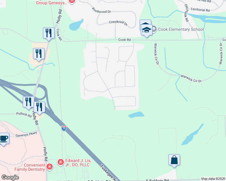map of restaurants, bars, coffee shops, grocery stores, and more near 4481 Brighton Drive in Grand Blanc