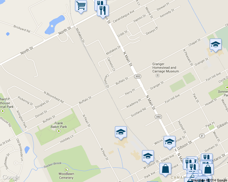 map of restaurants, bars, coffee shops, grocery stores, and more near 73 Buffalo St in Canandaigua