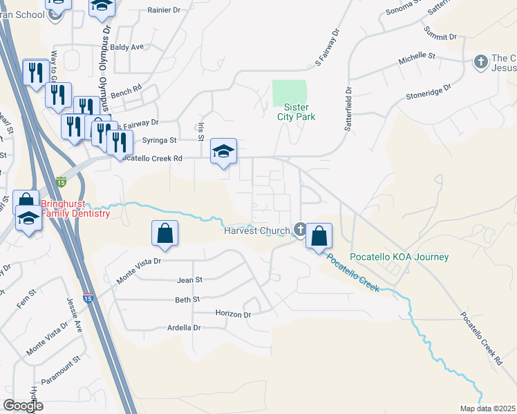 map of restaurants, bars, coffee shops, grocery stores, and more near 1160 Freeman Lane in Pocatello