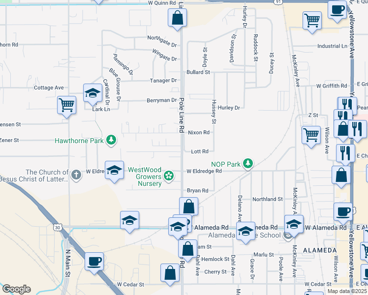 map of restaurants, bars, coffee shops, grocery stores, and more near 701-799 Nixon Rd in Pocatello