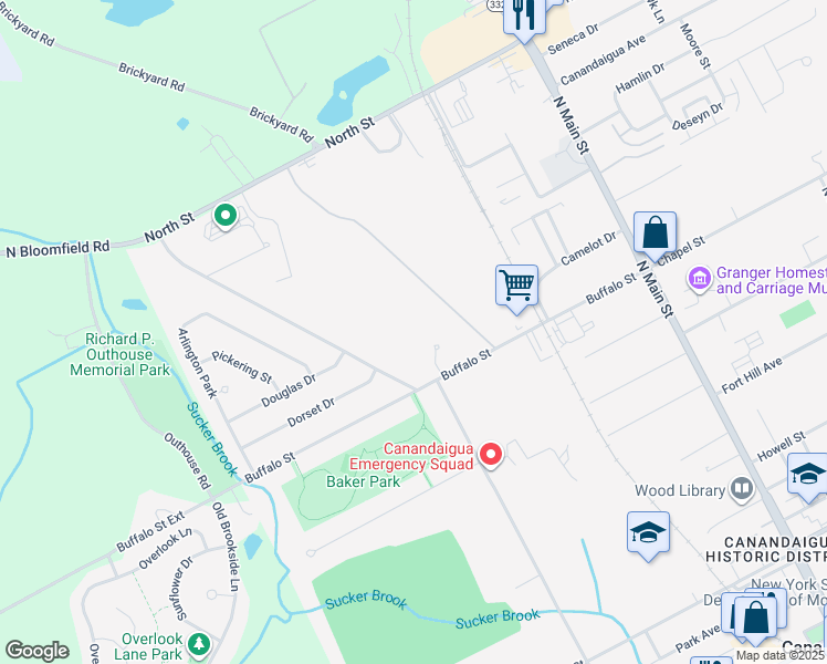 map of restaurants, bars, coffee shops, grocery stores, and more near 125 North Bloomfield Road in Canandaigua