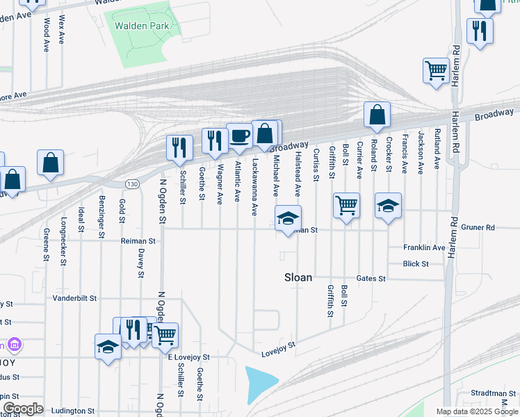map of restaurants, bars, coffee shops, grocery stores, and more near 249 Lackawanna Avenue in Sloan