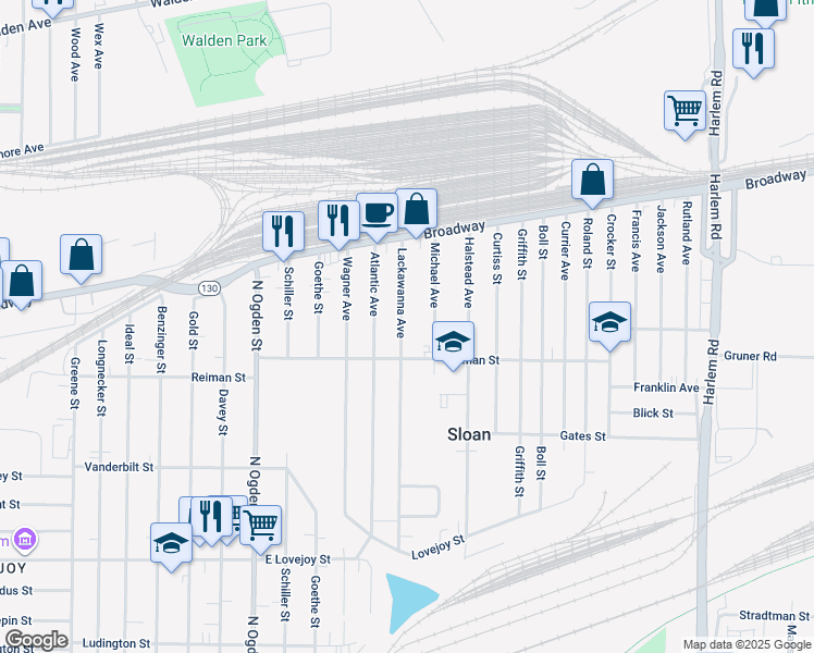 map of restaurants, bars, coffee shops, grocery stores, and more near 249 Lackawanna Avenue in Sloan