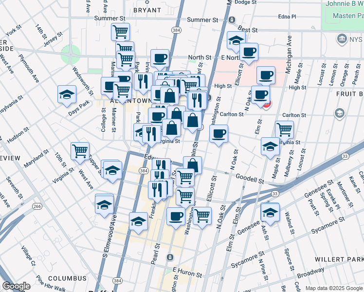 map of restaurants, bars, coffee shops, grocery stores, and more near 5 North Pearl Street in Buffalo