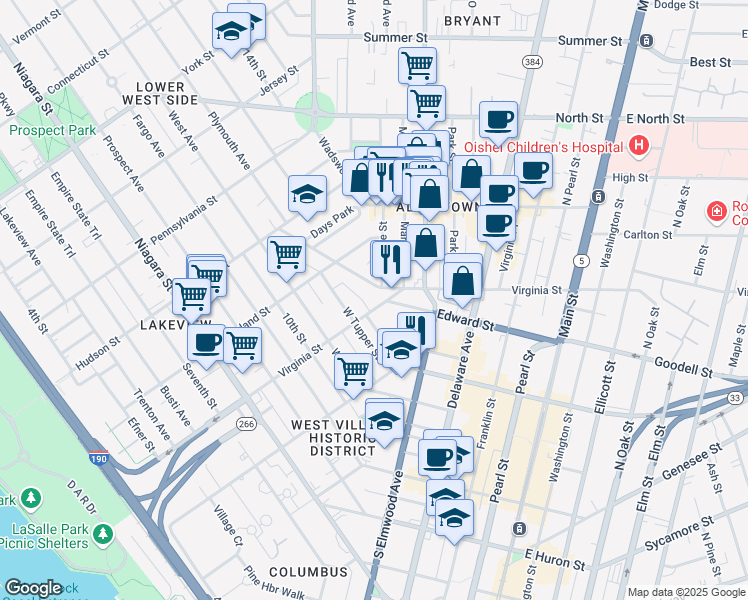 map of restaurants, bars, coffee shops, grocery stores, and more near 29 Cottage Street in Buffalo