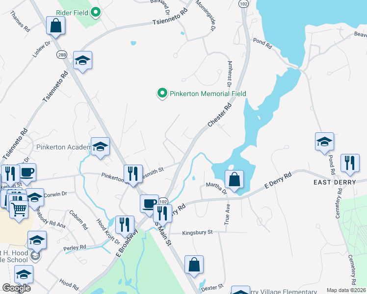 map of restaurants, bars, coffee shops, grocery stores, and more near 1 Silvestri Circle in Derry