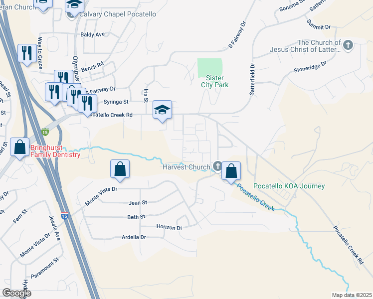 map of restaurants, bars, coffee shops, grocery stores, and more near 1180 Freeman Lane in Pocatello