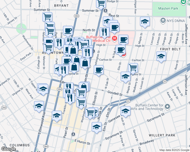 map of restaurants, bars, coffee shops, grocery stores, and more near 835 Washington Street in Buffalo