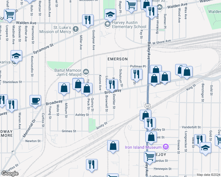 map of restaurants, bars, coffee shops, grocery stores, and more near 1500 Broadway in Buffalo