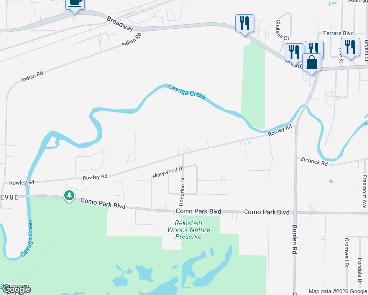map of restaurants, bars, coffee shops, grocery stores, and more near 430 Rowley Road in Depew