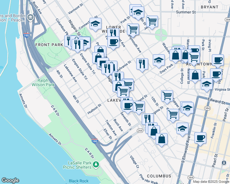 map of restaurants, bars, coffee shops, grocery stores, and more near 471 Niagara Street in Buffalo