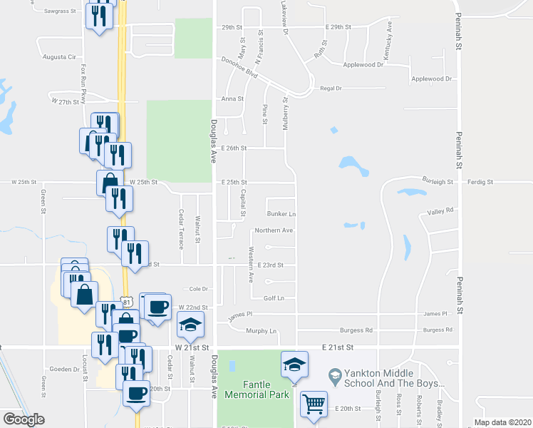 map of restaurants, bars, coffee shops, grocery stores, and more near 301 Bunker Lane in Yankton