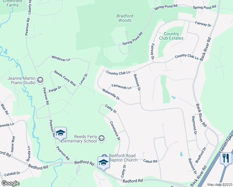 map of restaurants, bars, coffee shops, grocery stores, and more near 10 Tamworth Lane in Merrimack