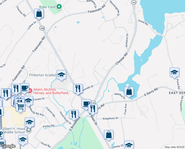 map of restaurants, bars, coffee shops, grocery stores, and more near 13 Silvestri Circle in Derry