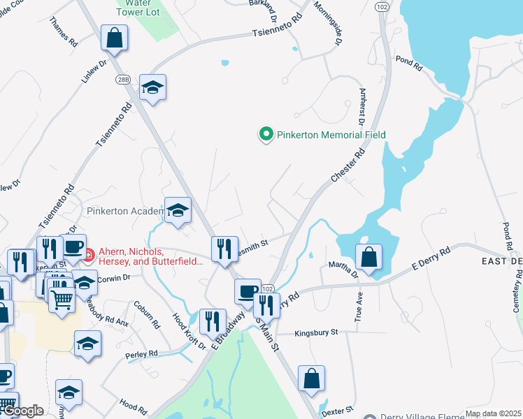 map of restaurants, bars, coffee shops, grocery stores, and more near 13 Silvestri Circle in Derry