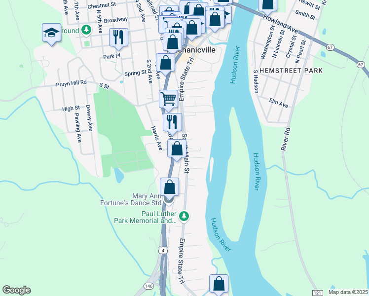 map of restaurants, bars, coffee shops, grocery stores, and more near 176 South Main Street in Mechanicville