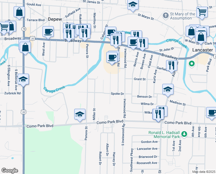 map of restaurants, bars, coffee shops, grocery stores, and more near 44 Conway Street in Depew