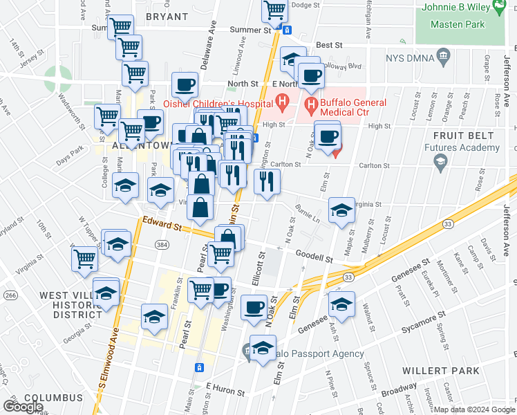 map of restaurants, bars, coffee shops, grocery stores, and more near 847 Main Street in Buffalo