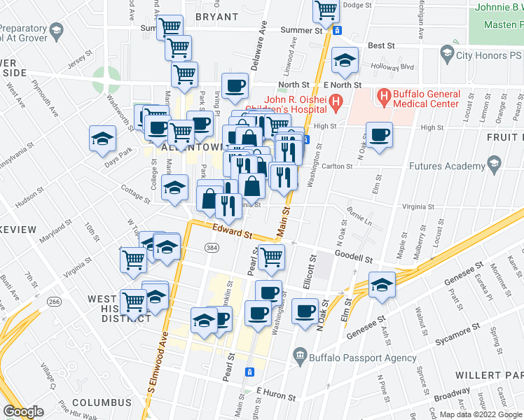 map of restaurants, bars, coffee shops, grocery stores, and more near 421 Franklin Street in Buffalo