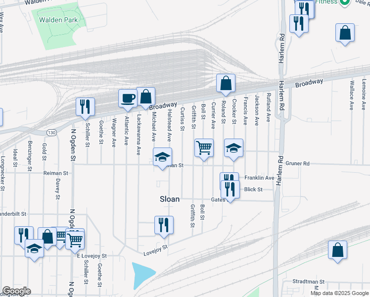 map of restaurants, bars, coffee shops, grocery stores, and more near 215 Curtiss Street in Buffalo