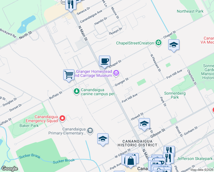 map of restaurants, bars, coffee shops, grocery stores, and more near 16 Perry Place in Canandaigua