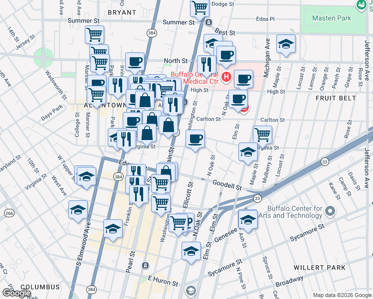 map of restaurants, bars, coffee shops, grocery stores, and more near 847 Washington Street in Buffalo