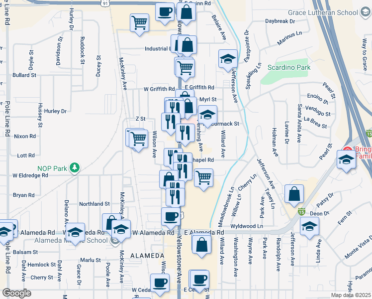map of restaurants, bars, coffee shops, grocery stores, and more near 1200 Yellowstone Avenue in Pocatello