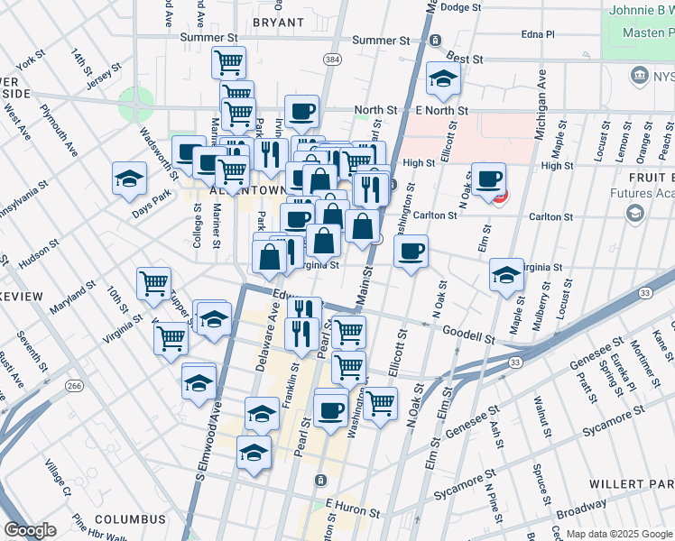 map of restaurants, bars, coffee shops, grocery stores, and more near 519 Virginia Street in Buffalo