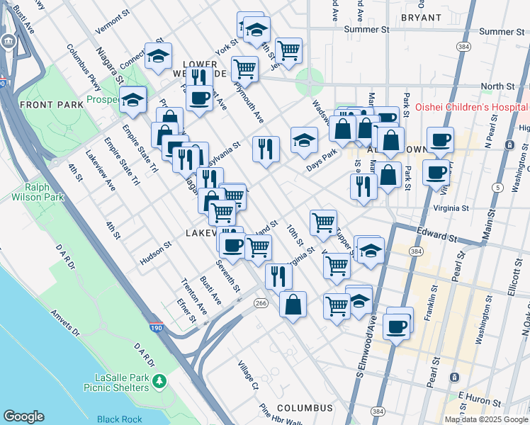 map of restaurants, bars, coffee shops, grocery stores, and more near 235 Whitney Place in Buffalo