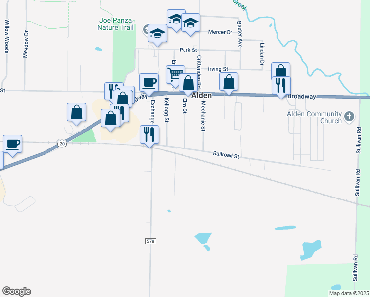 map of restaurants, bars, coffee shops, grocery stores, and more near Railroad Street & Elm Street in Alden