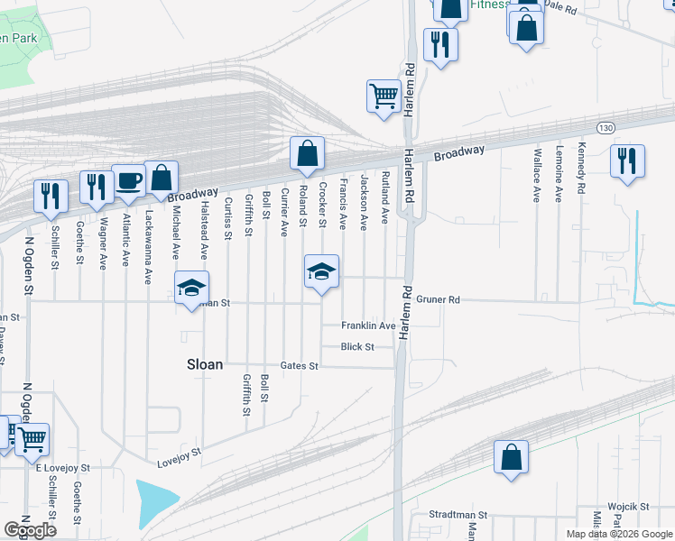 map of restaurants, bars, coffee shops, grocery stores, and more near 82 Francis Avenue in Buffalo