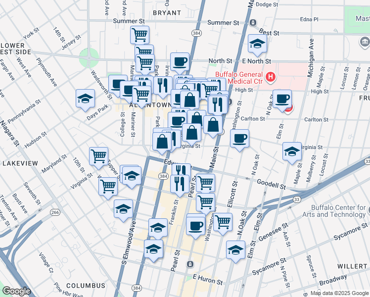 map of restaurants, bars, coffee shops, grocery stores, and more near 421 Franklin Street in Buffalo